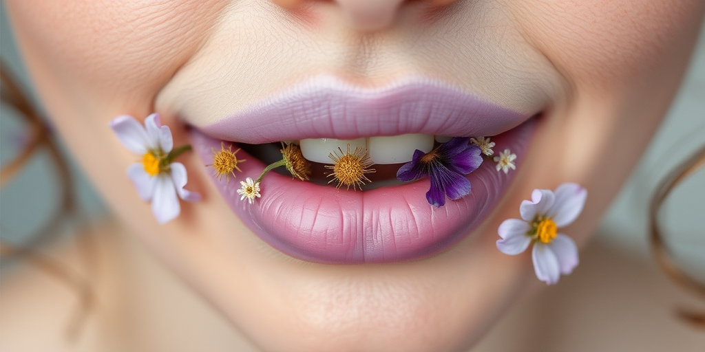 Pale lavender lips with pressed dried flowers, titled "Botanical Bliss," offer a delicate and ethereal appearance with a smooth, satin finish for fairy-tale inspired photoshoots