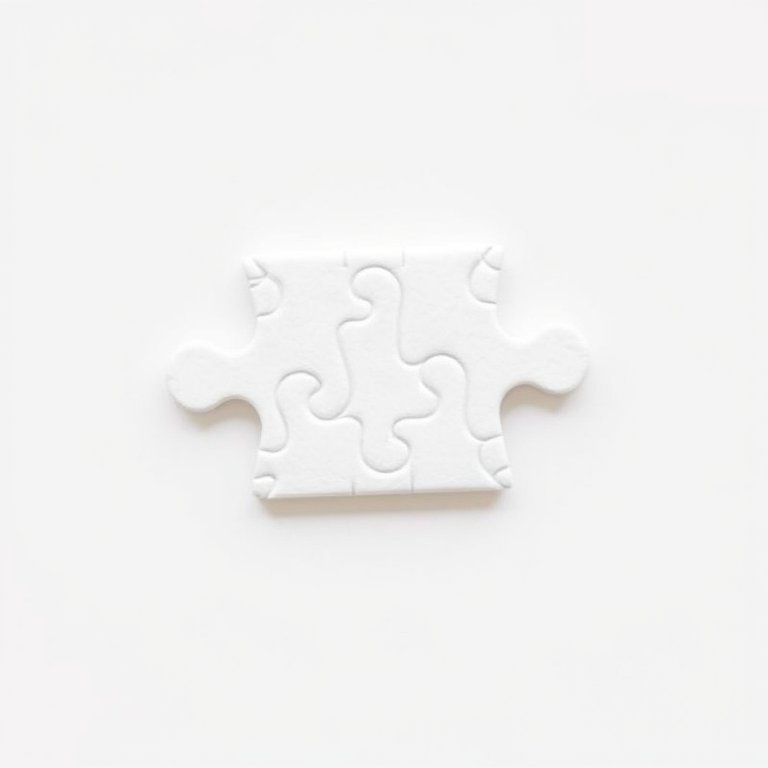 Generate a high-resolution image of a blank puzzle piece, centered in the frame, with a clean white background, using a DSLR camera with a 50mm lens, aperture set to f/2.8, ISO 100, and a shutter speed of 1/200 sec for crisp detail.