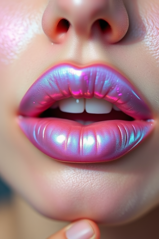 Ethereal iridescent lip gloss transforms ordinary lips into a mesmerizing display of shifting colors, from lavender to pale blue, catching light at every angle