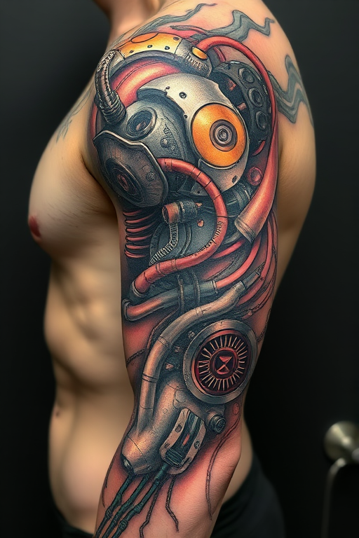 Biomechanical tattoo titled "Cybernetic Fusion" blending organic forms with mechanical components, creating the illusion of skin peeling away to reveal complex machinery and circuitry underneath, with a mix of metallic and flesh-toned colors
