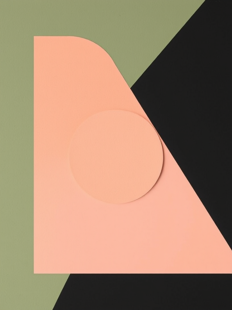 Create an abstract composition featuring overlapping geometric shapes in muted colors like green, peach, and black, with a spiral pattern at the center, captured with a Canon EOS R5, 50mm lens, aperture f/2.8, natural lighting, and soft focus for a modern artistic effect.