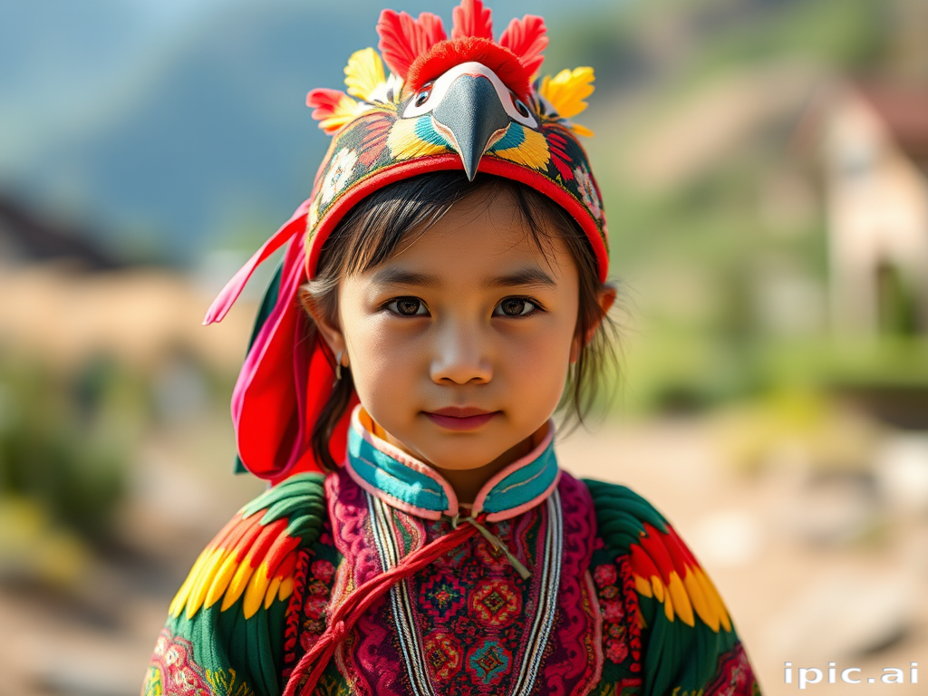 A beautiful Miao girl, wearing colorful bird clothing with vibrant colors