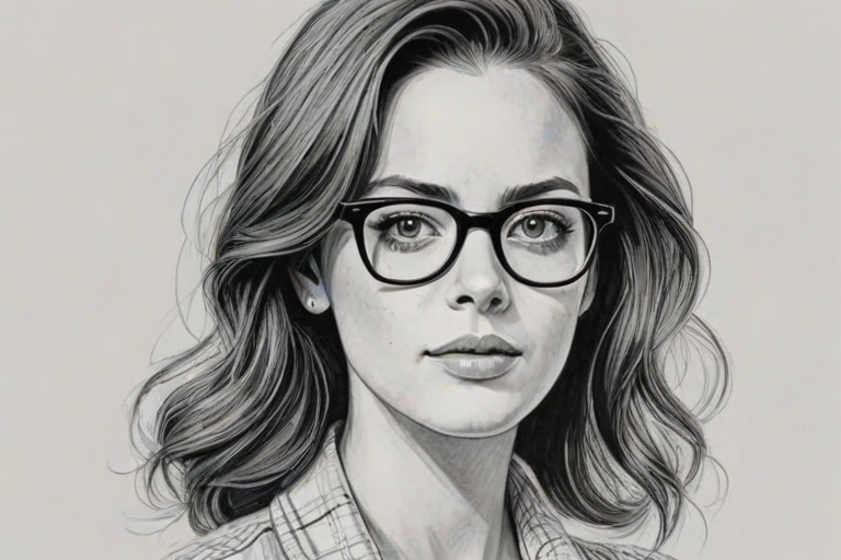 Attractive Kaya Scodelario, pencil sketch, portrait of Superb woman 1953s in glasses, hair style beatnik, outline, clear lines, fine lines, 8k