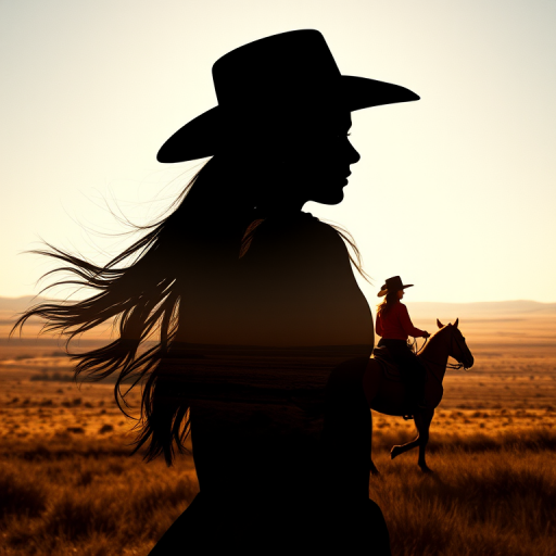 "Create a Double exposure", a silhouette "profile portrait of a young cowgirl" with long hair "superimposed" against a long shot of a cowgirl riding a horse across the plains, fantastic view, 32k, cinematic, hyper-realistic.
