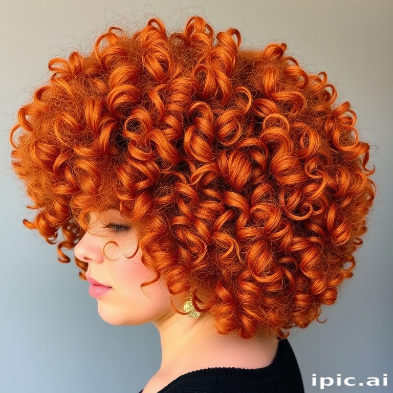 Fiery copper curls in a voluminous afro shape, known as "Autumn Ember," with golden honey highlights woven throughout for dimension and warmth