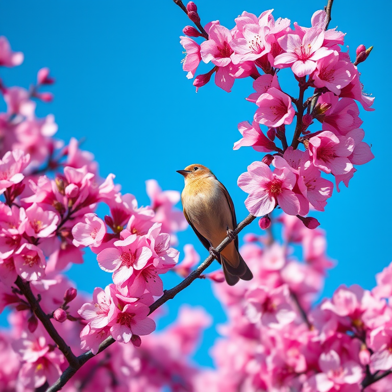 regenerate an image of a bird perched on a cherry blossom tree with pink flowers in full bloom against a clear blue sky, camera settings: f/2.8 aperture, 1/500 sec shutter speed, ISO 100, camera view: close-up, camera style: vibrant colors, camera type: DSLR