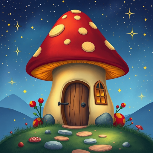 generate illustration of a mushroom house with a door and a window, a storybook , fantasy art, mushroom house, bg starry sky, sparkles