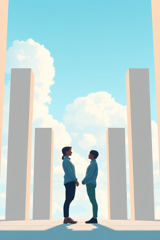Create a digital illustration of two figures standing facing each other against a backdrop of vertical panels featuring a soft blue sky with clouds, captured with a 50mm lens at f/1.8, ISO 200, low angle view, using a mirrorless camera.