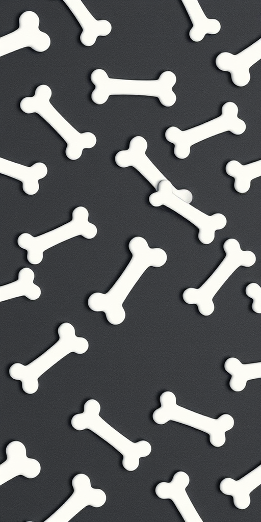 Create a seamless pattern of white dog bones on a dark gray background, shot with a 50mm lens at f/8, using a DSLR camera with a top-down view and high contrast settings for enhanced clarity.
