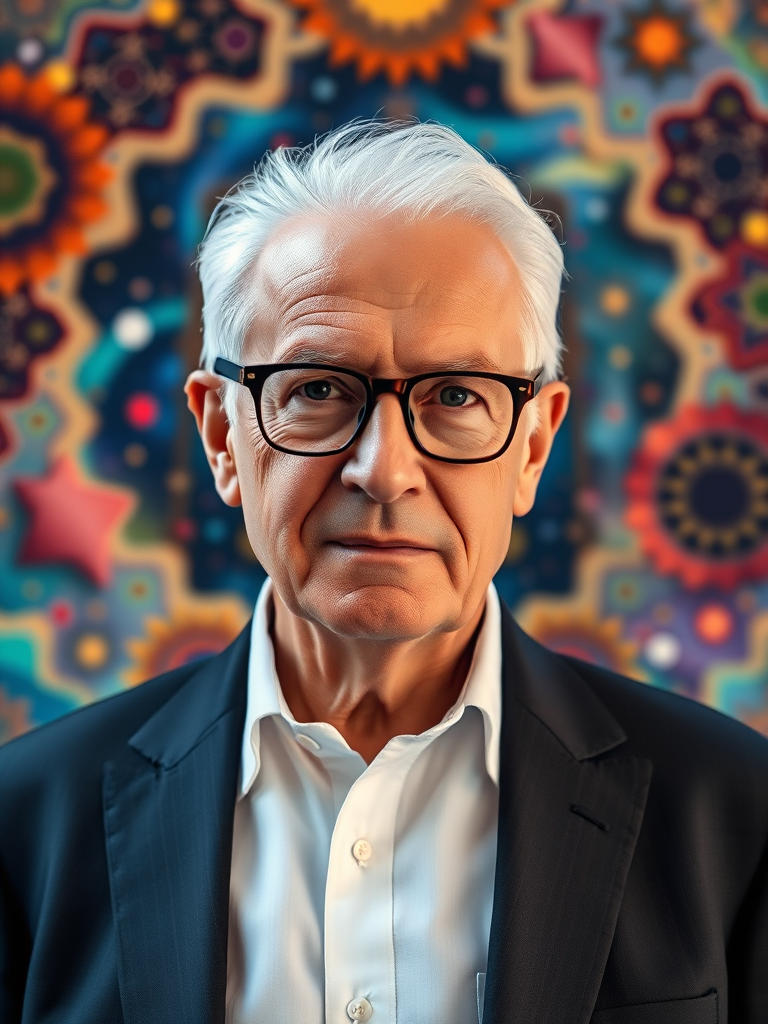 Create a portrait of a distinguished elderly man with glasses and white hair, dressed in a formal suit, set against a vibrant, abstract background featuring colorful celestial patterns, captured using a Canon EOS R5 with a 50mm f/1.2 lens, at f/1.2, ISO 100, in soft natural lighting to enhance the depth and color richness of the image.