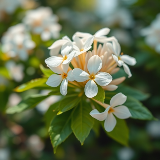 Regenerate an image of blooming white flowers with lush green leaves, shot in soft natural light, using a DSLR camera, 50mm lens, aperture f/2.8, shutter speed 1/200 sec, ISO 100, focused on the flowers with a slight bokeh effect in the background.