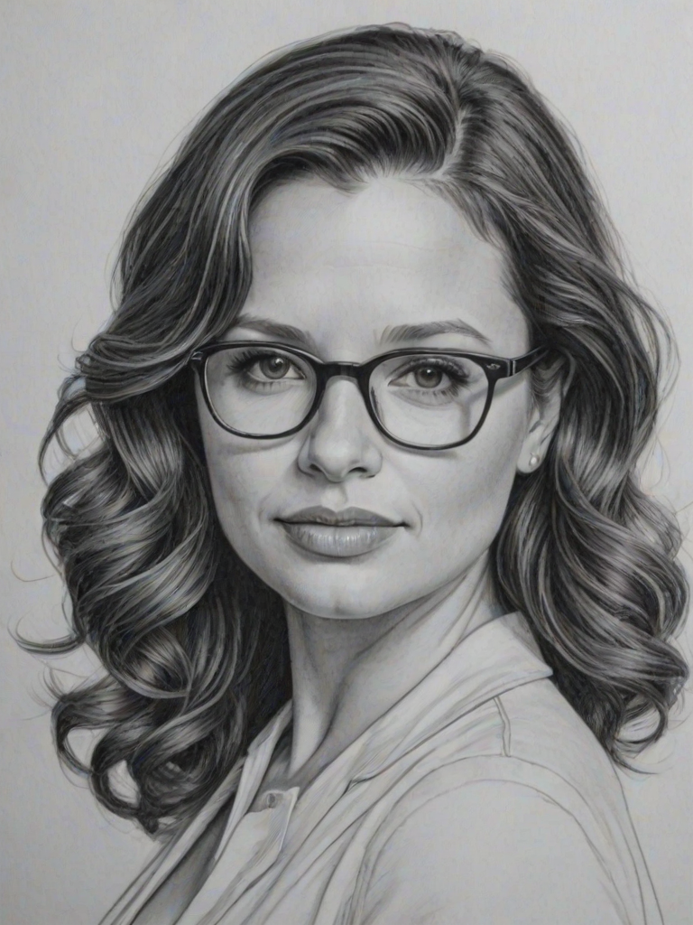 Stunning Katie Lowes, pencil sketch, portrait of Ravishing woman 1949s in glasses, hair style beatnik, outline, clear lines, fine lines, 8k