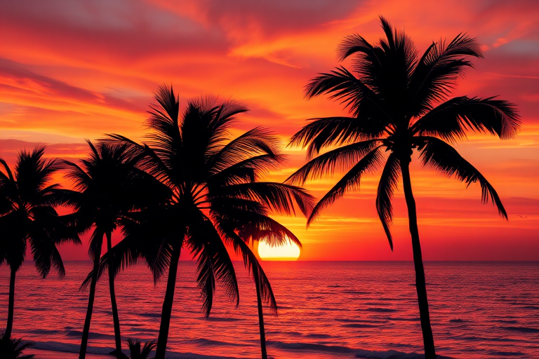 Create a high-resolution digital illustration of a vibrant sunset over a calm sea with silhouetted palm trees in the foreground, using a Canon EOS R5 with a 24-70mm f/2.8 lens, aperture set to f/8, ISO 100, and a shutter speed of 1/100 seconds, captured from a low angle view to emphasize the foreground elements and enhance color saturation.