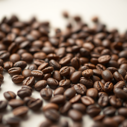 close-up of roasted coffee beans scattered on a light background, shallow depth of field, 50mm lens, f/2.8, ISO 100, natural light, DSLR camera