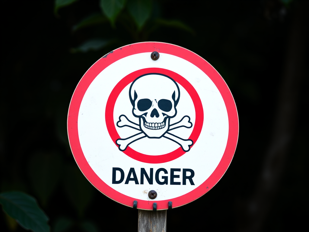 Create an image of a danger sign featuring a skull and crossbones inside a red circle with the word "Danger" at the bottom, using a DSLR camera with a 50mm lens, aperture set to f/2.8, shutter speed of 1/200s, and ISO 100 for clarity and depth of field.