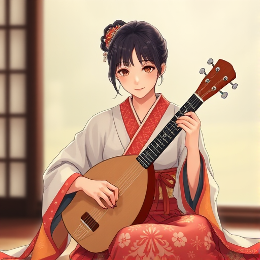 Create an illustration of a Japanese woman in traditional attire playing a shamisen, seated gracefully with a serene expression, using a vintage style, high resolution, natural lighting, with a shallow depth of field for soft background blur, captured with a DSLR camera at 50mm focal length, f/2.8 aperture, ISO 100.