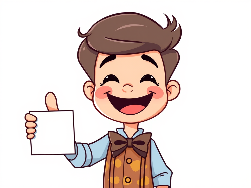 Create a high-quality cartoon illustration of a cheerful boy with a big smile and a bow tie, holding a blank card in one hand and giving a thumbs-up with the other, featuring bright colors and a simple background, captured with a Canon EOS R5, 50mm lens, f/1.8 aperture, 1/200 sec shutter speed, and ISO 100.
