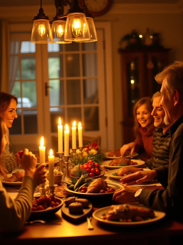 Warm, intimate photo of a family gathered around a dining table for a holiday meal, soft glow from candlelight casting warm shadows on their faces, the smell of roasted food filling the air, laughter and conversation frozen in the moment.