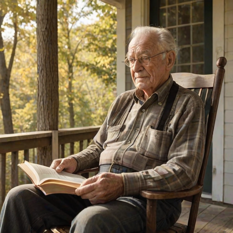 Warmly lit image of an elderly man sitting in a rocking chair on a porch, holding a worn book in his hands, soft smile on his face, sunlight filtering through the trees overhead, a gentle breeze rustling the leaves, the sound of birds chirping in the distance.
