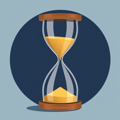 Create a high-resolution digital illustration of a classic hourglass with yellow sand flowing, set against a dark blue circular background, using a Canon EOS R5 with a 50mm f/1.2 lens at f/2.8, ISO 100, and a soft focus effect for a modern look.