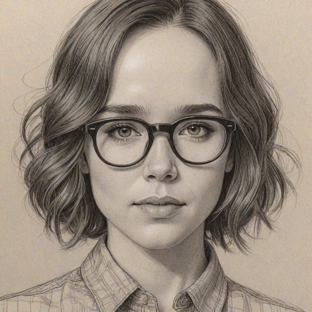Bewitching Ellen Page, pencil sketch, portrait of Wonderful woman 1931s in glasses, hair style beatnik, outline, clear lines, fine lines, 8k