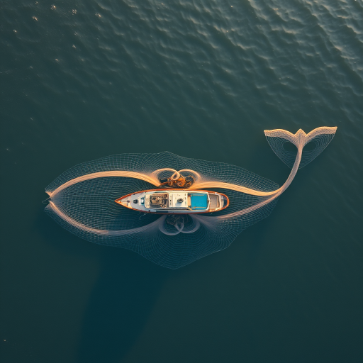 Capture a high-resolution aerial view of a fishing boat surrounded by a large fishing net shaped like a whale, early morning light, ISO 100, f/8, 1/250 sec, drone photography, HDR imaging for enhanced clarity and detail.