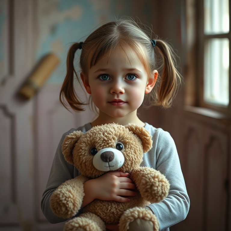 portrait of a young child with pigtails holding a teddy bear in a softly lit, rustic room with peeling paint, Canon EOS R5, 85mm f/1.2 lens, f/1.8, ISO 200, shallow depth of field, natural light, warm tones, high resolution