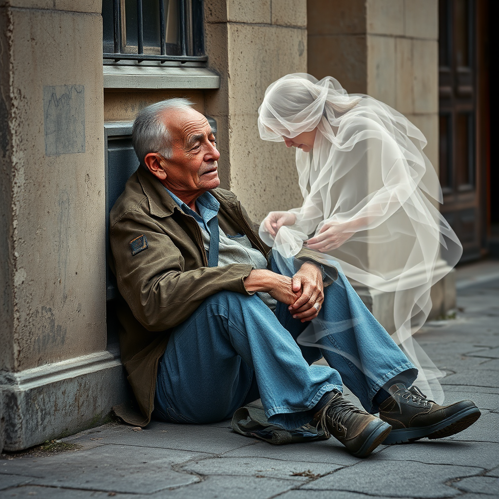 beautifully weathered old homeless veteran sitting on the ground slumping against the wall of a building with his eyes closed. there is an Ethereal, translucent figure of a beautiful elderly woman comforting him