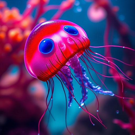 Create a vibrant underwater scene featuring a stylized jellyfish with large red and blue features, captured with a DSLR camera at f/2.8 aperture, ISO 100, 50mm lens, shoot from a slight low angle to enhance perspective, using soft lighting for a magical effect.