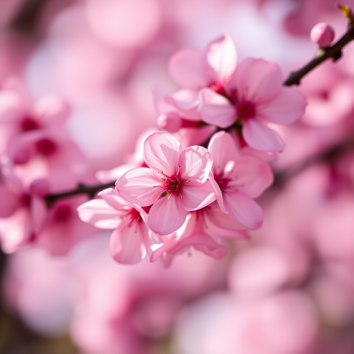 close-up of pink cherry blossoms with soft bokeh background, f/2.8 aperture, 50mm lens, ISO 100, natural lighting, DSLR camera, macro photography style