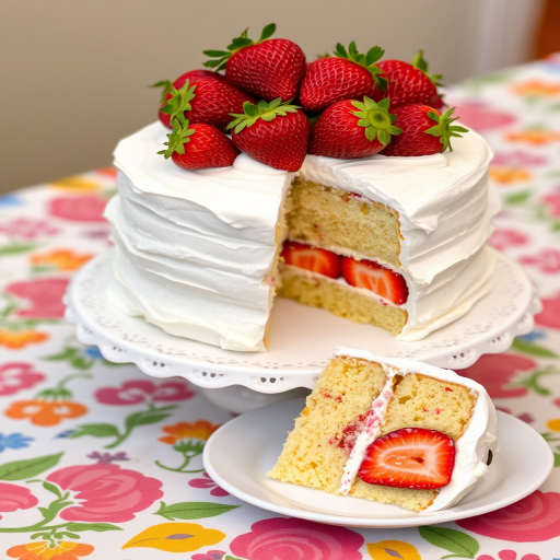 Create an image of a fluffy white cake layered with whipped cream and fresh strawberries on top, served on a decorative cake stand, with a slice of the cake on a plate beside it, showcasing the strawberries inside the cake, set on a colorful patterned tablecloth.