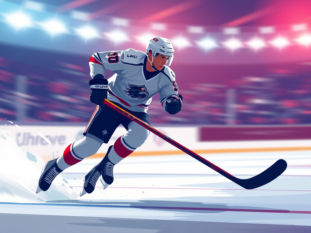 Create a high-resolution vector illustration of a hockey player in action, capturing dynamic motion and fluidity, using a DSLR camera with a 50mm lens, aperture set to f/1.8 for a blurred background, ISO at 100 for maximum clarity, shot from a low angle to emphasize the athlete's form and energy.