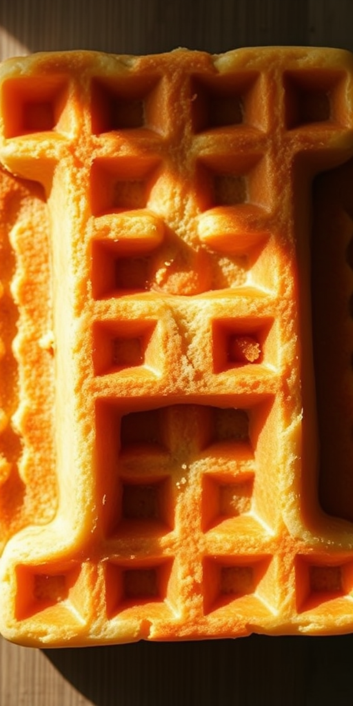 Create an image of a waffle shaped like the letter H, with a smooth texture and warm golden brown color, captured with a Canon EOS R5 using a 50mm f/1.2 lens at ISO 100 and an aperture of f/2.8, in natural lighting from a top-down view for enhanced clarity and detail.