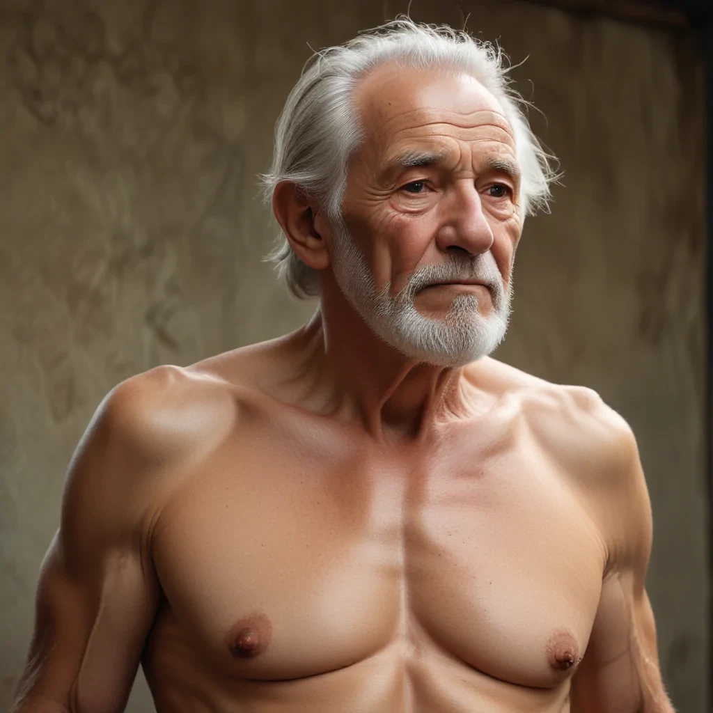 shirtless old man