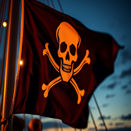 Create an image of a pirate flag with a skull and crossbones, shot with a Canon EOS 5D Mark IV, 50mm lens, f/2.8 aperture, ISO 100, at sunset for dramatic lighting, focusing on the flag details with a shallow depth of field.