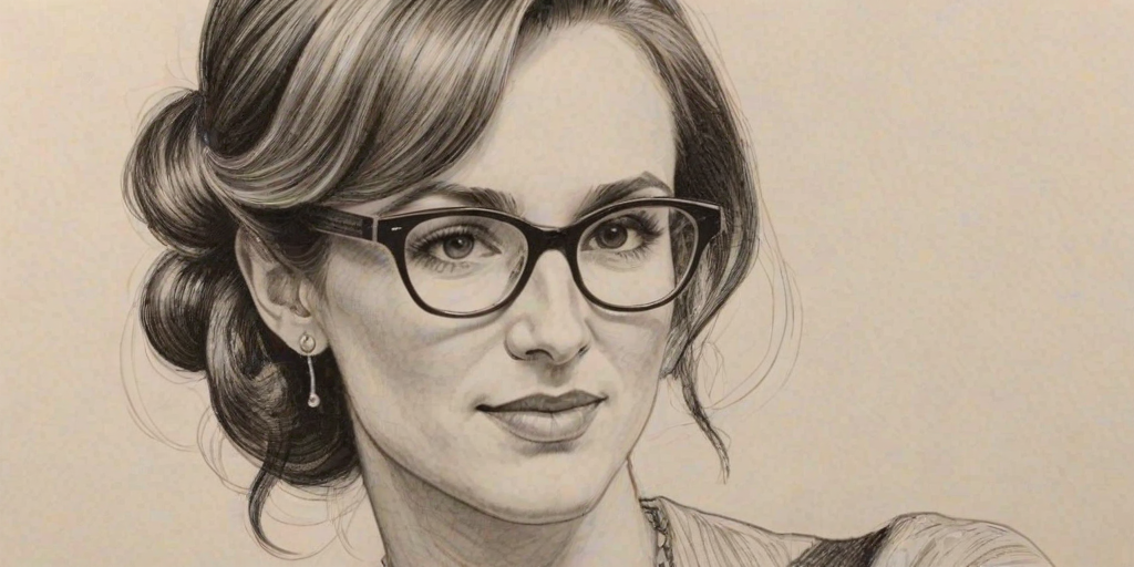 Appealing Drew Brees, pencil sketch, portrait of Captivating woman 1957s in glasses, hair style beatnik, outline, clear lines, fine lines, 8k