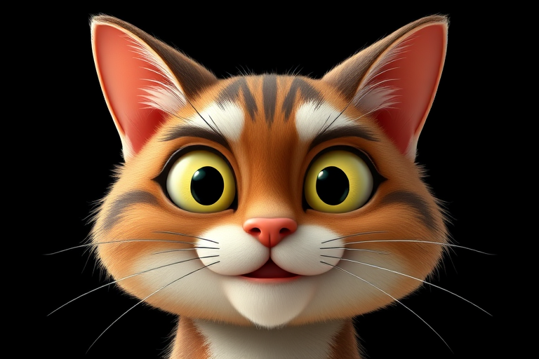Create a high-resolution image of a cartoon cat's face with exaggerated features, using a DSLR camera at f/2.8, ISO 100, 50mm lens, shot in soft natural lighting for vibrant colors and sharp details on a plain black background.