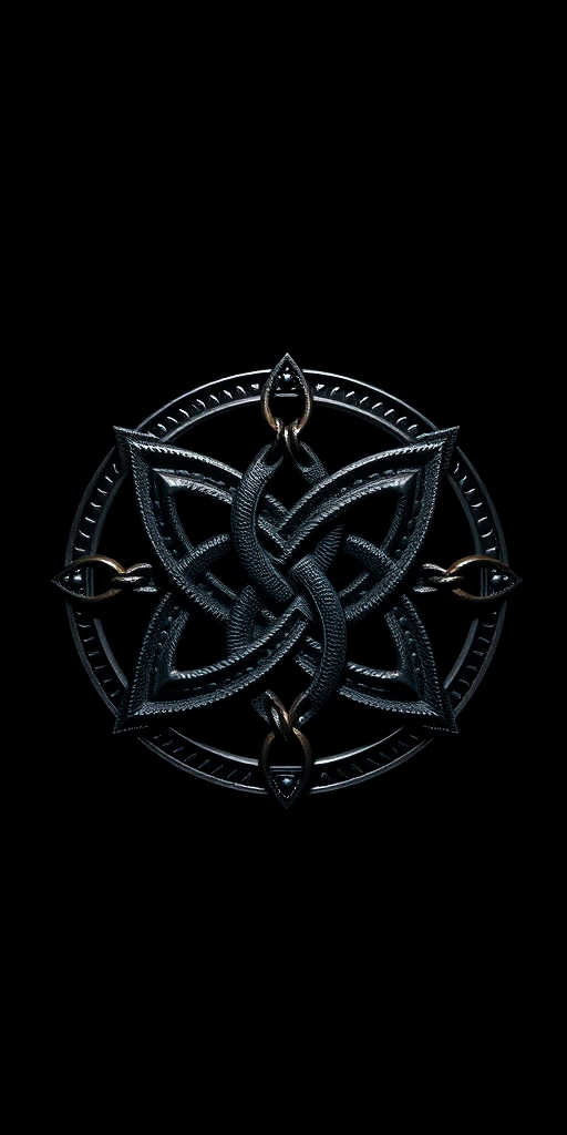 Create a high-resolution image of a symmetrical knot design featuring intricate patterns in a dark background with light accents, using a DSLR camera with a 50mm lens, aperture set to f/2.8, ISO 100, and a slight vignette effect for depth.