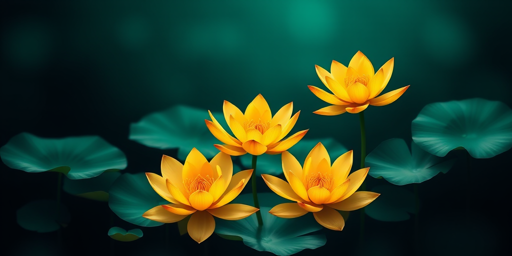 create a stunning illustration of golden lotus flowers and green lily pads on a dark teal background, shot with a DSLR camera at f/2.8, 50mm lens, shallow depth of field, vibrant colors, high contrast, soft lighting for added depth