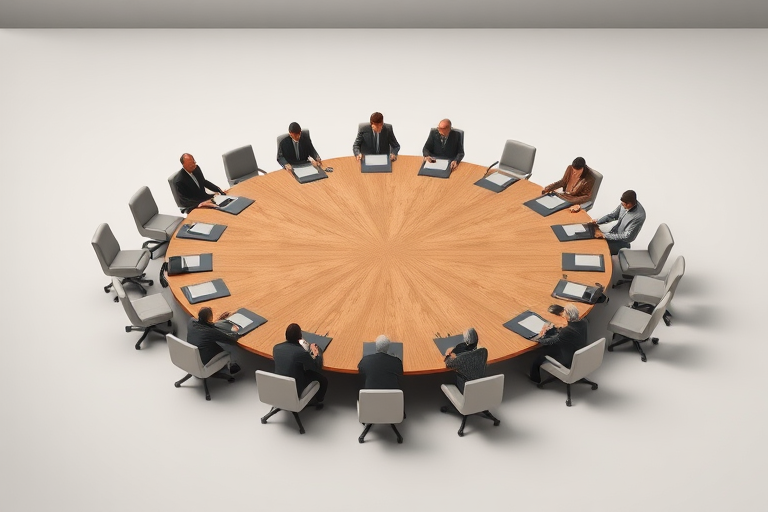 Create a high-resolution image of a large round table meeting with 20 stylized human figures seated around it, captured with a Canon EOS R5 camera, 24mm lens, f/2.8 aperture, 1/125s shutter speed, ISO 100, in a top-down view with soft lighting to enhance the overall clarity and contrast.