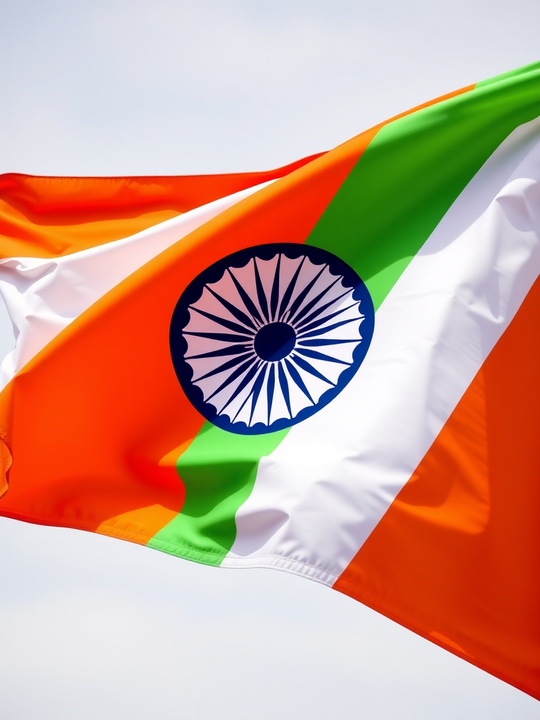 Create a high-resolution image of the Indian flag featuring vibrant saffron, white, and green colors, with a detailed Ashoka Chakra in the center, shot with a DSLR camera at f/8 aperture, ISO 100, 50mm lens, using a bright daylight setting for enhanced clarity and color saturation.