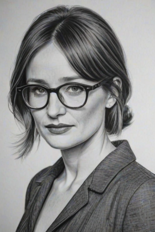 Pleasing Emily Mortimer, pencil sketch, portrait of Appealing woman 1963s in glasses, hair style beatnik, outline, clear lines, fine lines, 8k