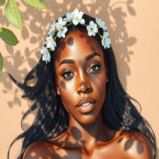 create a watercolor painting of an ethereal portrait of beautiful African American woman with a simple white flower crown on her head. Her hair is long and she is lying on the ground. The sunlight on the trees casts shadows from the leaves on her face and body. The background is a neutral brown color that matches her skin tone. The image is minimalist and solid colors. This style is characterized by soft, delicate brushstrokes and a light, airy, contrasting color palette. High level of detail and play of light