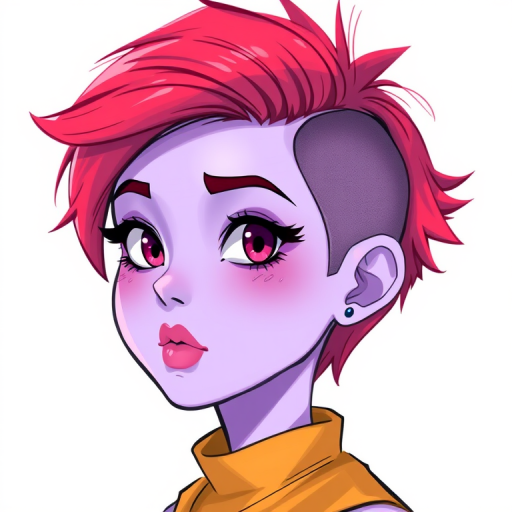 Create a vibrant illustration of a character with a bold asymmetrical haircut featuring red highlights and a lavender skin tone, using a digital drawing style, 4K resolution, 35mm lens, f/2.8 aperture, soft focus background.