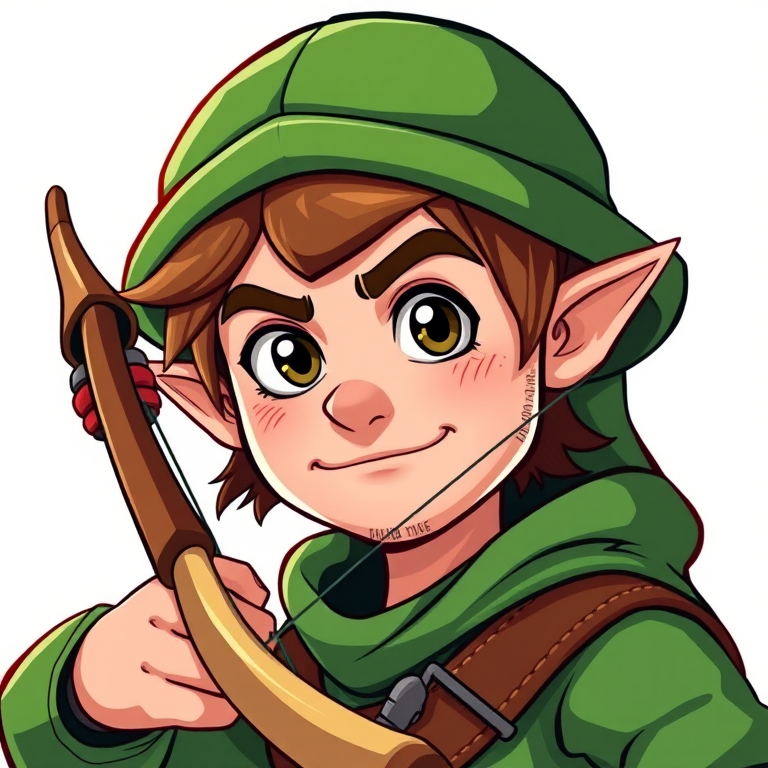 Create a vector-style image of a cartoonish archer with a green hat and a bow, using a 50mm lens, f/2.8 aperture, ISO 100, natural lighting, and a front view composition to enhance sharpness and detail.