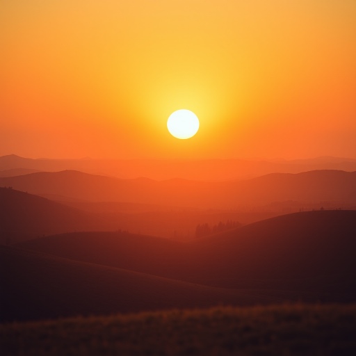 create a smooth gradient landscape at sunset with rounded hills and a large sun in warm earthy tones, shot with a Canon EOS R5 at f/8, 1/60s, ISO 200, wide-angle lens, top-down view, soft focus for a vintage aesthetic