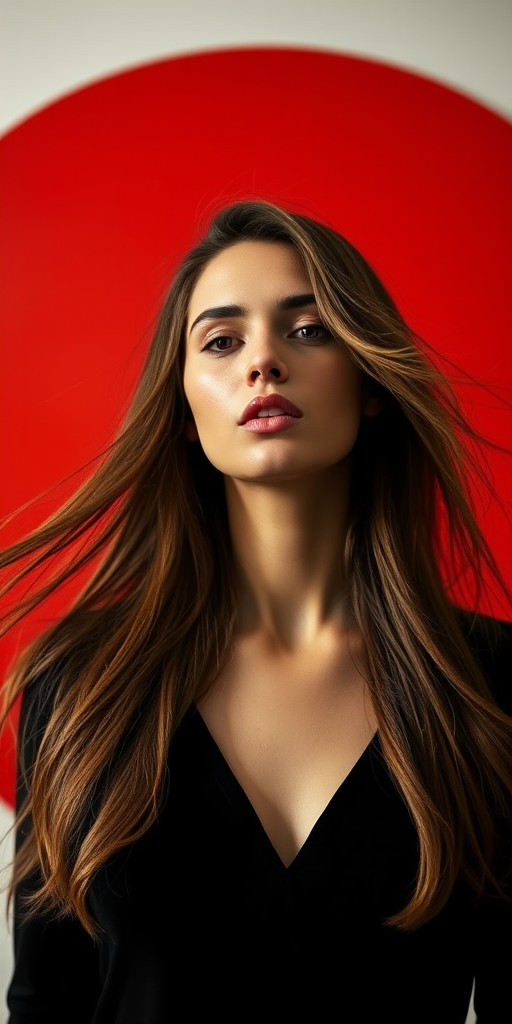 Create a high-contrast, minimalist portrait of a woman with flowing hair in front of a large red circle, captured using a DSLR camera with a 50mm lens at f/1.8, ISO 100, shutter speed 1/200s, in soft natural lighting for an artistic and clean look.