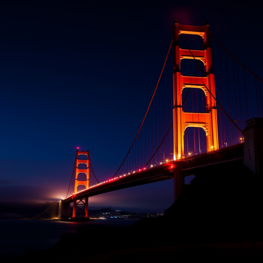 capture the Golden Gate Bridge at night with a long exposure to emphasize light trails, use a DSLR camera with a 24mm f/2.8 lens, aperture set to f/11, ISO 100, shutter speed of 30 seconds, from a low angle view to highlight the bridge against a dark sky, using a tripod for stability and adding a red filter for dramatic effect