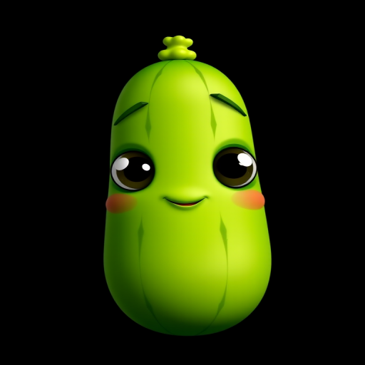 cartoon cucumber with a cute face and large eyes, vibrant green color, on a plain black background, 50mm lens, f/2.8 aperture, ISO 100, studio lighting, high-resolution image