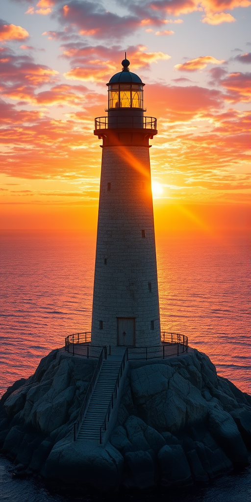 Generate an image of a tall lighthouse perched on a rocky outcrop surrounded by calm ocean waters during a breathtaking sunset. The lighthouse stands sturdy and weathered, its stone surface illuminated by the warm golden light of the setting sun. The sun's rays pass directly through the glass lantern room at the top of the lighthouse, casting a brilliant light across the scene. The sky is painted with vibrant shades of orange, pink, and purple, reflecting off the tranquil sea. The surrounding water shimmers with the same warm hues, creating a serene and majestic atmosphere.